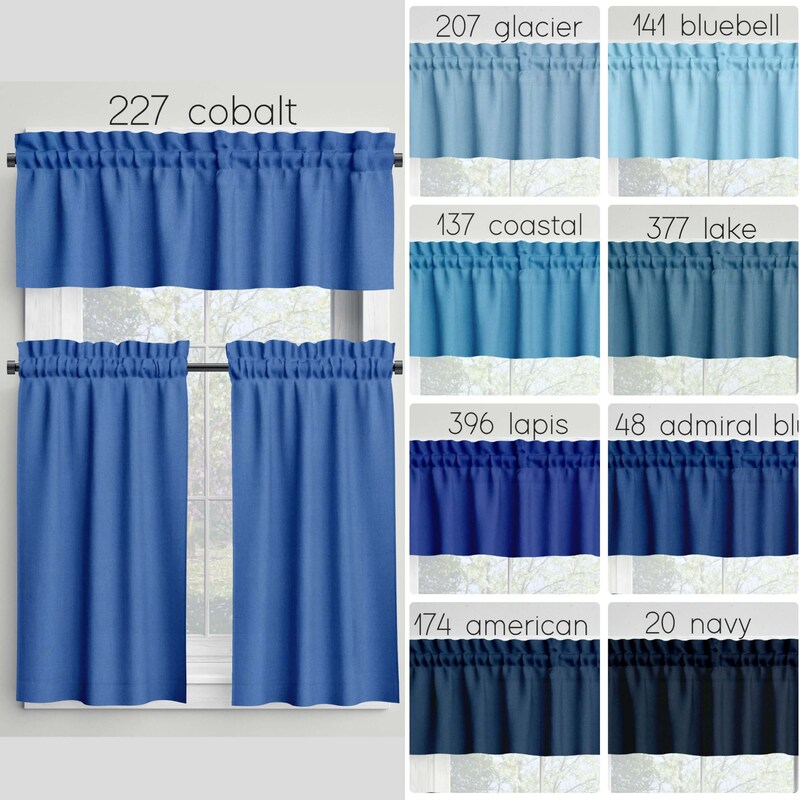 Solid Blue Valances Tiers Panels Cafe Curtains Light Medium Dark Navy USA Handmade Kitchen Bathroom Bedroom Cotton Window Treatments